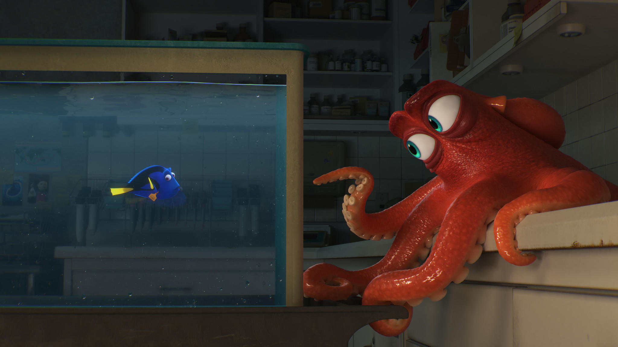 Dory, voiced by Ellen DeGeneres, encounters an octopus named Hank, voiced by Ed O'Neill, in "Finding Dory." 